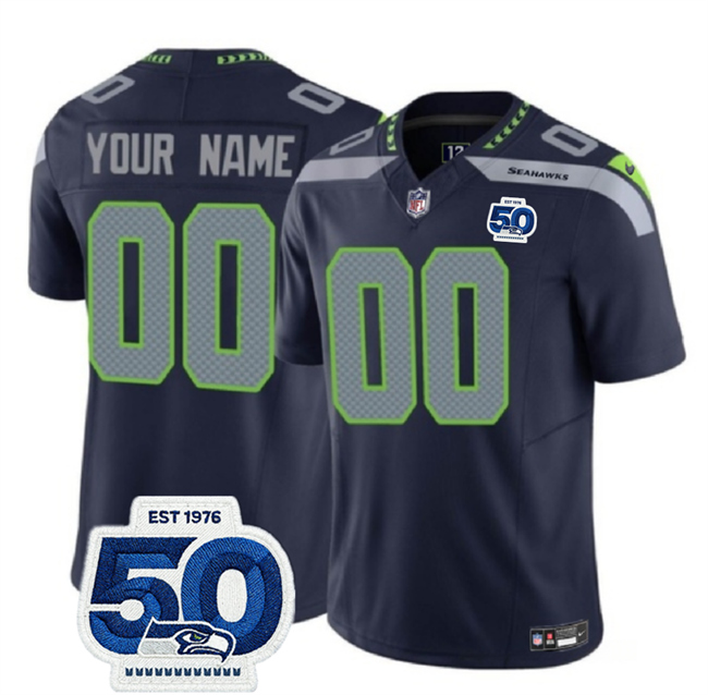 Men's Seattle Seahawks Active Player Custom Navy 2025 F.U.S.E. 50th Anniversary Patch Vapor Untouchable Limited Stitched Football Jersey